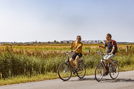 two men in summer clothing are cycling through the fields with the skyline of Blankenberge in the distance
